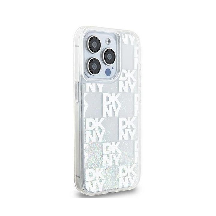 DKNY Liquid Glitter Multilogo dėklas iPhone 15 Pro – baltos spalvos
