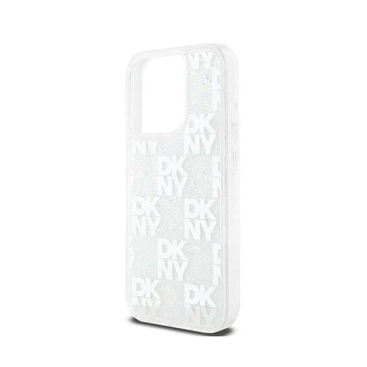 DKNY Liquid Glitter Multilogo dėklas iPhone 15 Pro – baltos spalvos