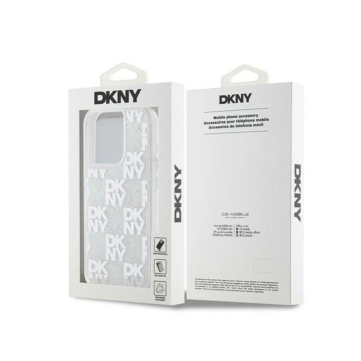 DKNY Liquid Glitter Multilogo dėklas iPhone 15 Pro – baltos spalvos