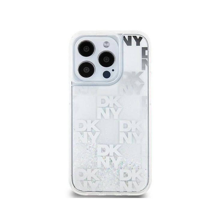 DKNY Liquid Glitter Multilogo dėklas iPhone 15 Pro – baltos spalvos