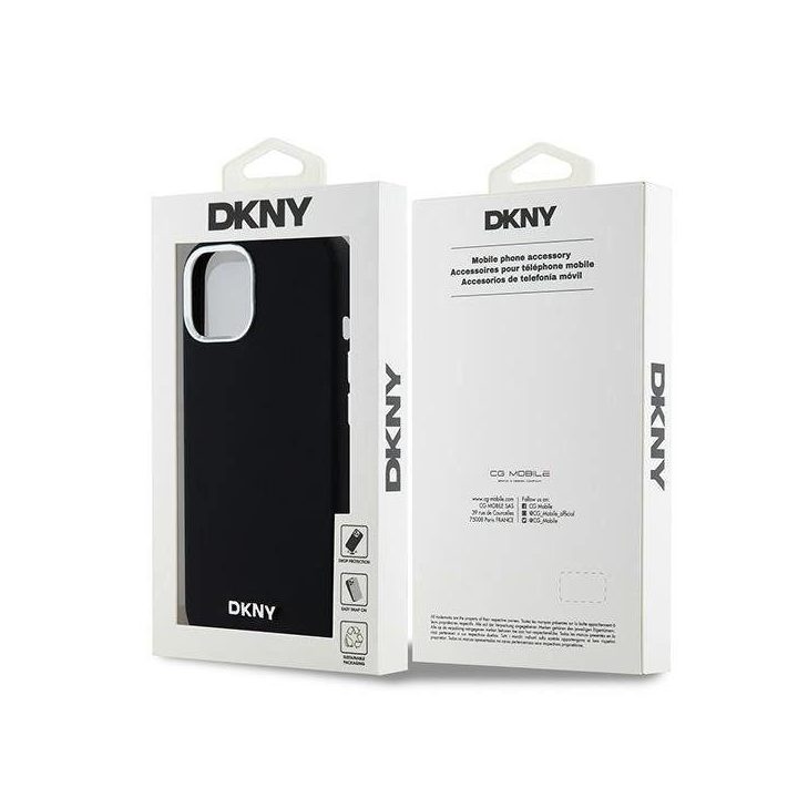 DKNY Liquid Silicone Small Metal Logo“ MagSafe“ dėklas iPhone 15 Plus“ / 14 Plus“ – juodas