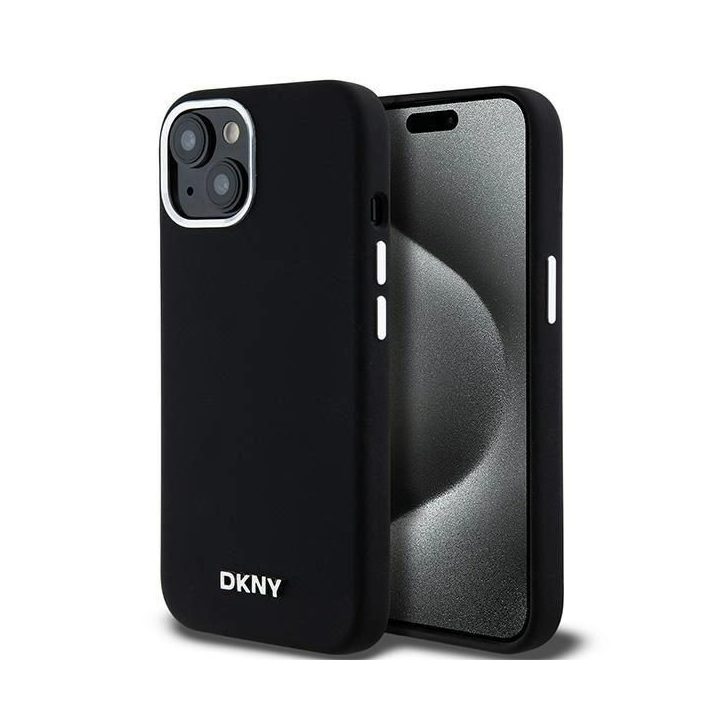 DKNY Liquid Silicone Small Metal Logo“ MagSafe“ dėklas iPhone 15 Plus“ / 14 Plus“ – juodas