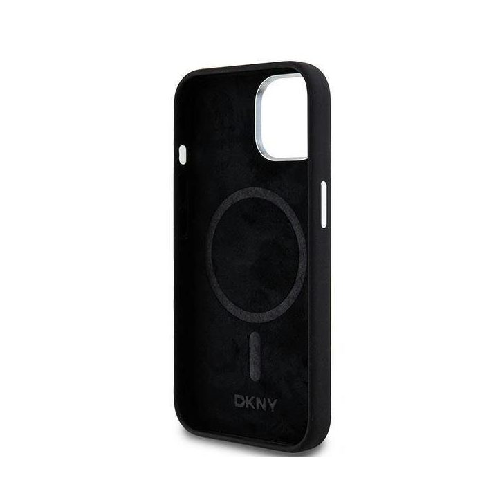 DKNY Liquid Silicone Small Metal Logo“ MagSafe“ dėklas iPhone 15 Plus“ / 14 Plus“ – juodas