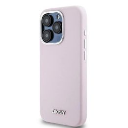 DKNY“ Liquid Silicone“ mažas metalinis logotipas MagSafe“ dėklas iPhone 15 Pro“ – rausvas