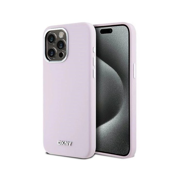 DKNY“ skysto silikono dėklas su nedideliu metaliniu logotipu ir MagSafe“ funkcija iPhone 14 Pro Max“ – rausvos spalvos