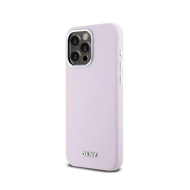 DKNY“ skysto silikono dėklas su nedideliu metaliniu logotipu ir MagSafe“ funkcija iPhone 14 Pro Max“ – rausvos spalvos