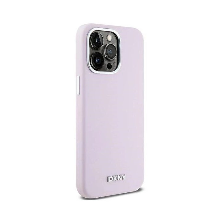 DKNY“ skysto silikono dėklas su nedideliu metaliniu logotipu ir MagSafe“ funkcija iPhone 14 Pro Max“ – rausvos spalvos