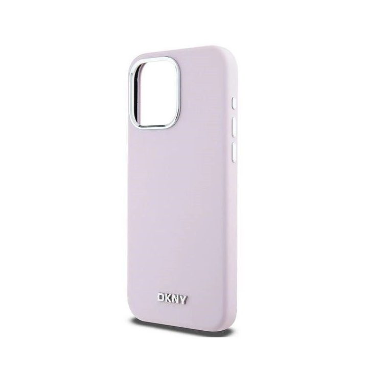 DKNY“ skysto silikono dėklas su nedideliu metaliniu logotipu ir MagSafe“ funkcija iPhone 14 Pro Max“ – rausvos spalvos