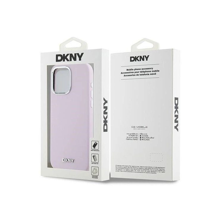 DKNY“ skysto silikono dėklas su nedideliu metaliniu logotipu ir MagSafe“ funkcija iPhone 14 Pro Max“ – rausvos spalvos