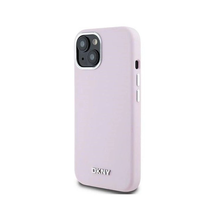DKNY skysto silikono dėklas su metaline logo MagSafe iPhone 15 Plus“ / 14 Plus“ – rausvas