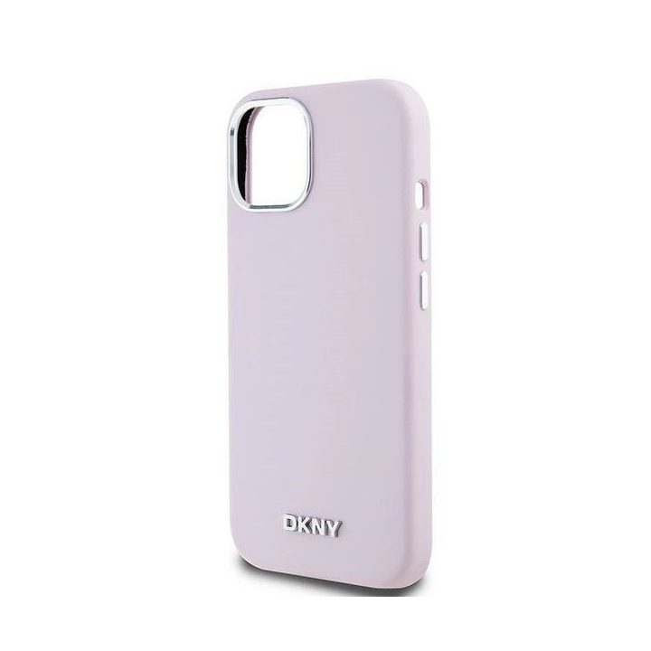 DKNY skysto silikono dėklas su metaline logo MagSafe iPhone 15 Plus“ / 14 Plus“ – rausvas