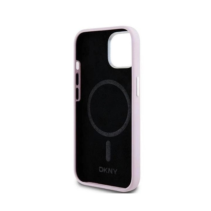 DKNY skysto silikono dėklas su metaline logo MagSafe iPhone 15 Plus“ / 14 Plus“ – rausvas