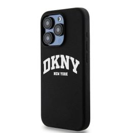 DKNY“ skysčio silikono dėklas su baltu logotipu MagSafe“ iPhone 15 Pro“ – juodos spalvos