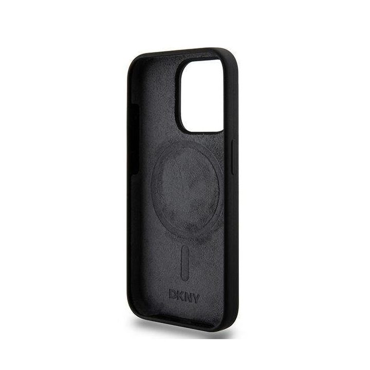 DKNY“ skysčio silikono dėklas su baltu logotipu MagSafe“ iPhone 15 Pro“ – juodos spalvos