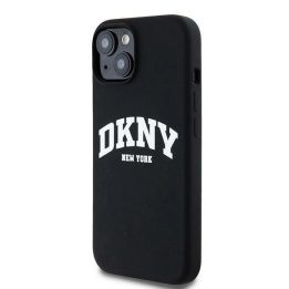 DKNY Liquid Silicone White Printed Logo MagSafe dėklas skirtas iPhone 15/14/13 - juoda