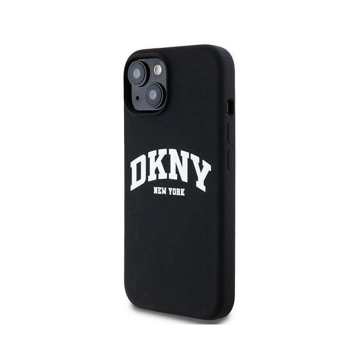 DKNY Liquid Silicone White Printed Logo MagSafe dėklas skirtas iPhone 15/14/13 - juoda