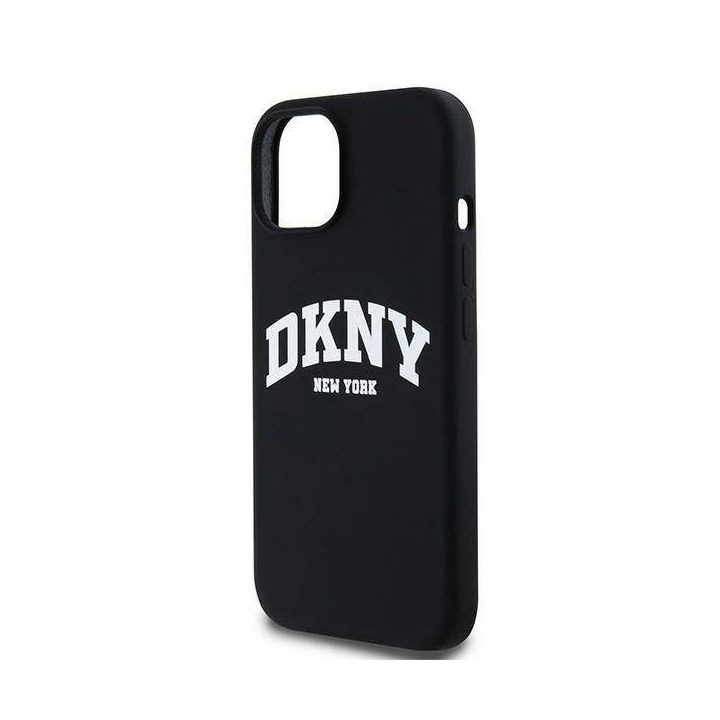 DKNY Liquid Silicone White Printed Logo MagSafe dėklas skirtas iPhone 15/14/13 - juoda
