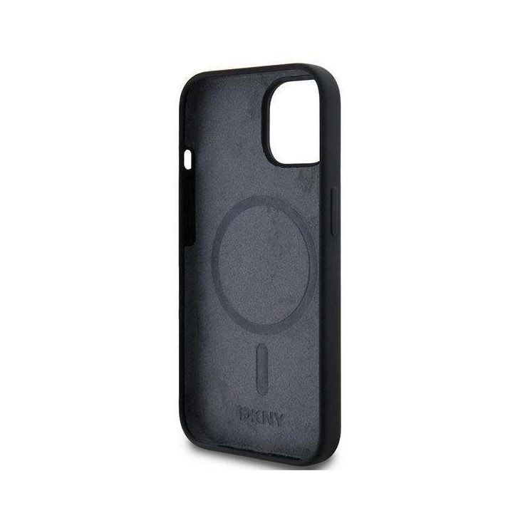 DKNY Liquid Silicone White Printed Logo MagSafe dėklas skirtas iPhone 15/14/13 - juoda