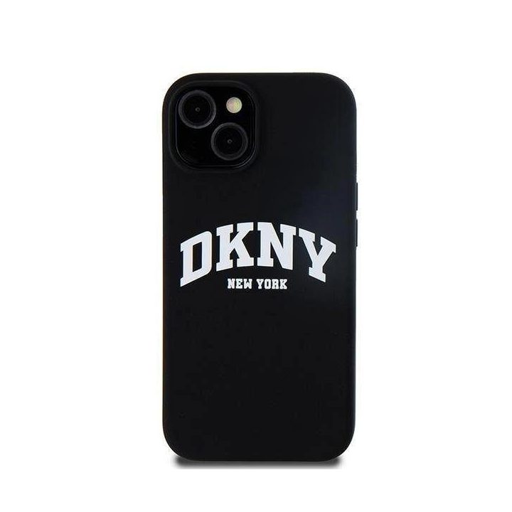 DKNY Liquid Silicone White Printed Logo MagSafe dėklas skirtas iPhone 15/14/13 - juoda