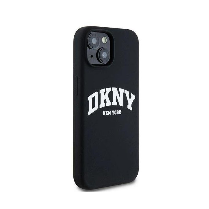 DKNY Liquid Silicone White Printed Logo MagSafe dėklas skirtas iPhone 15/14/13 - juoda