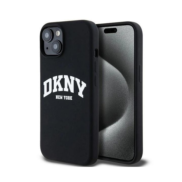 DKNY Liquid Silicone White Printed Logo MagSafe dėklas skirtas iPhone 15/14/13 - juoda