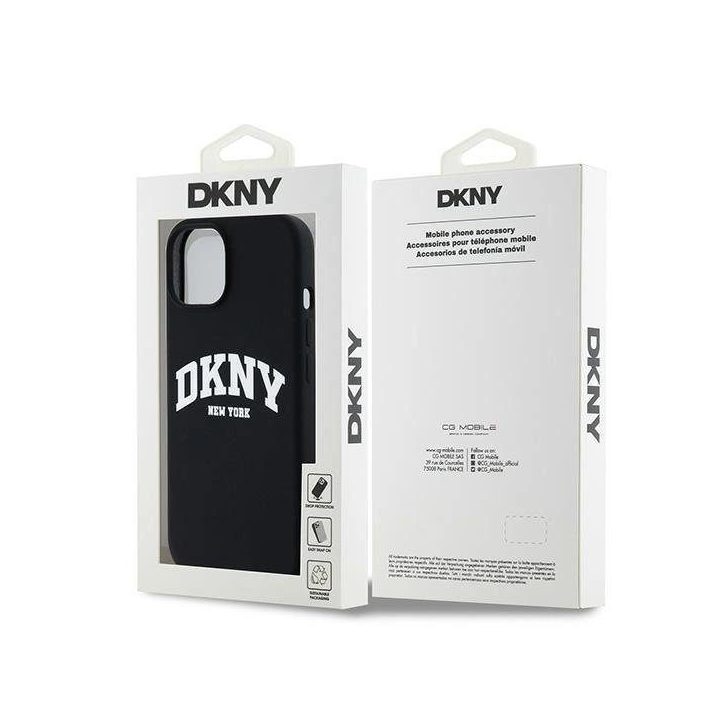 DKNY Liquid Silicone White Printed Logo MagSafe dėklas skirtas iPhone 15/14/13 - juoda