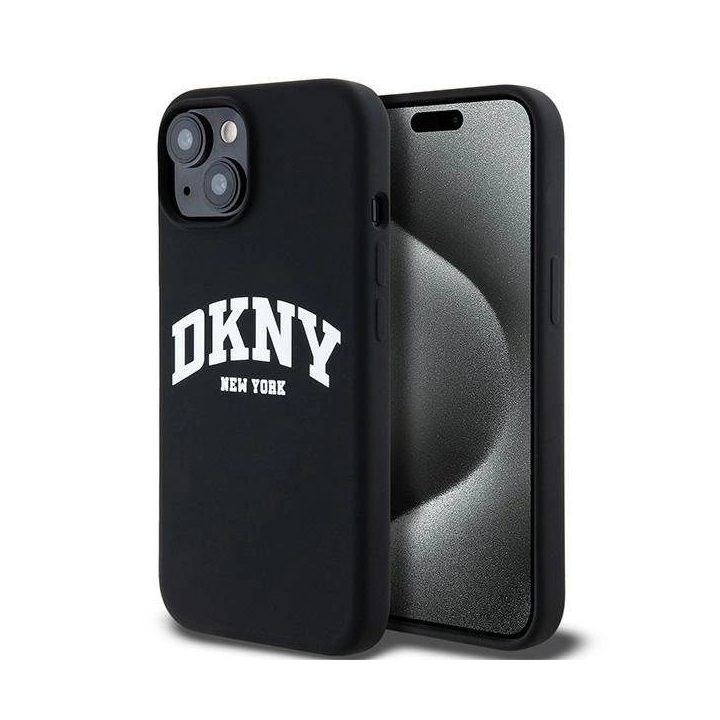 DKNY Liquid Silicone White Printed Logo MagSafe dėklas iPhone 15 Plus / 14 Plus modeliams