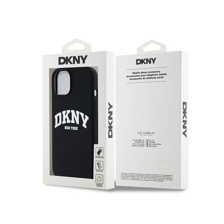 DKNY Liquid Silicone White Printed Logo MagSafe dėklas iPhone 15 Plus / 14 Plus modeliams