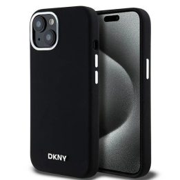 DKNY Liquid Silicone Small Metal Logo MagSafe dėklas iPhone 15 / 14 / 13 - juoda