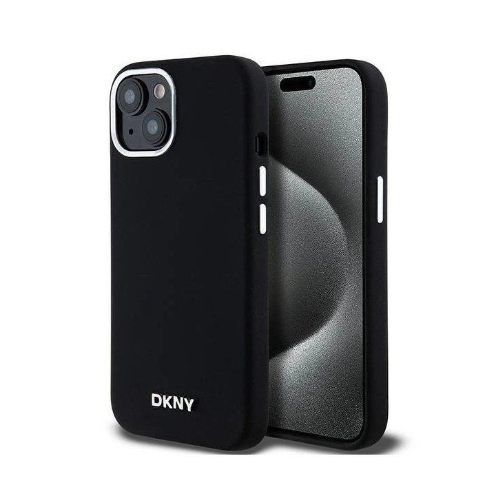 DKNY Liquid Silicone Small Metal Logo MagSafe dėklas iPhone 15 / 14 / 13 - juoda