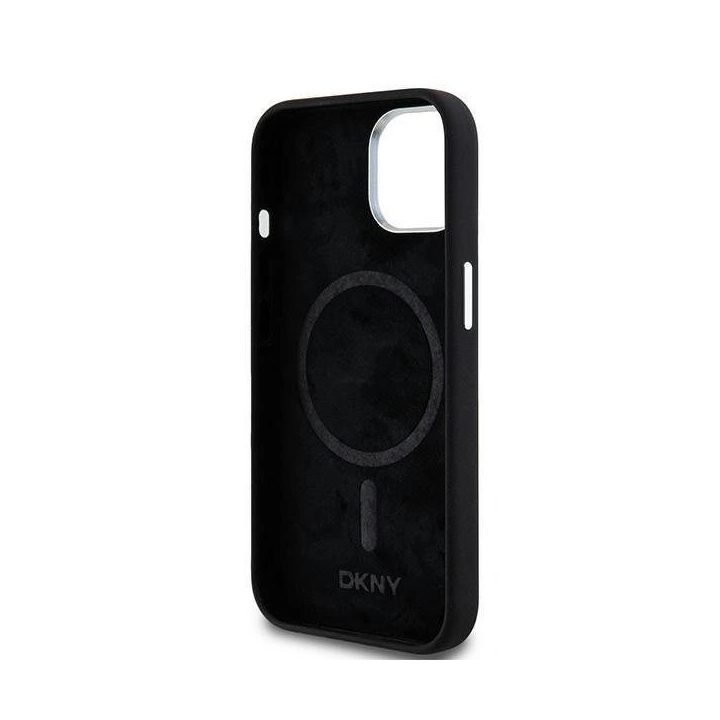 DKNY Liquid Silicone Small Metal Logo MagSafe dėklas iPhone 15 / 14 / 13 - juoda