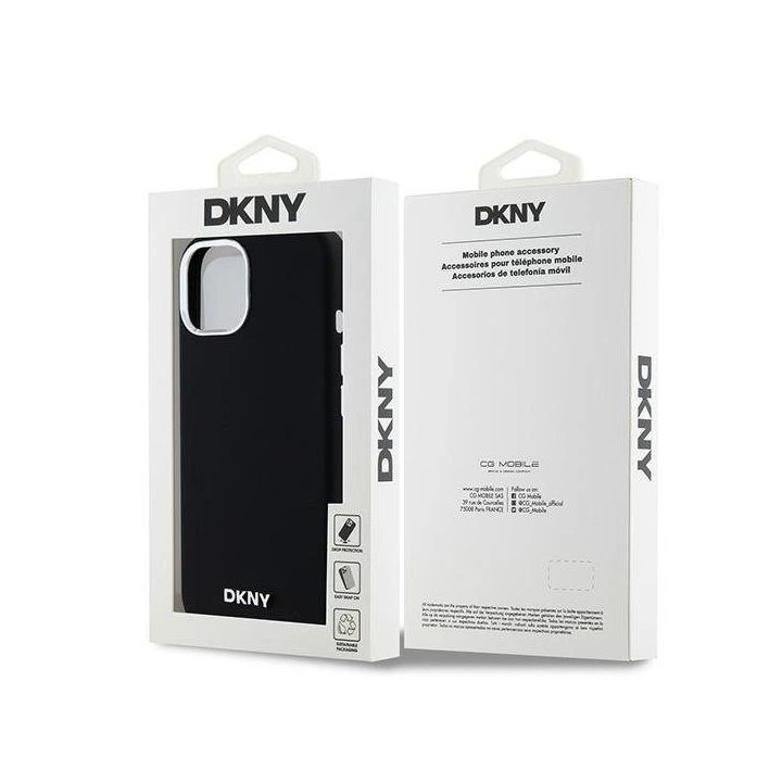 DKNY Liquid Silicone Small Metal Logo MagSafe dėklas iPhone 15 / 14 / 13 - juoda
