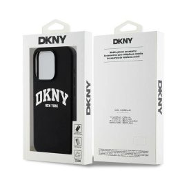 DKNY skysto silikono iPhone 14 Pro“ dėklas su MagSafe“ technologija, baltas su atspausdintu logotipu – juodas
