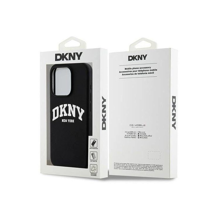 DKNY skysto silikono iPhone 14 Pro“ dėklas su MagSafe“ technologija, baltas su atspausdintu logotipu – juodas