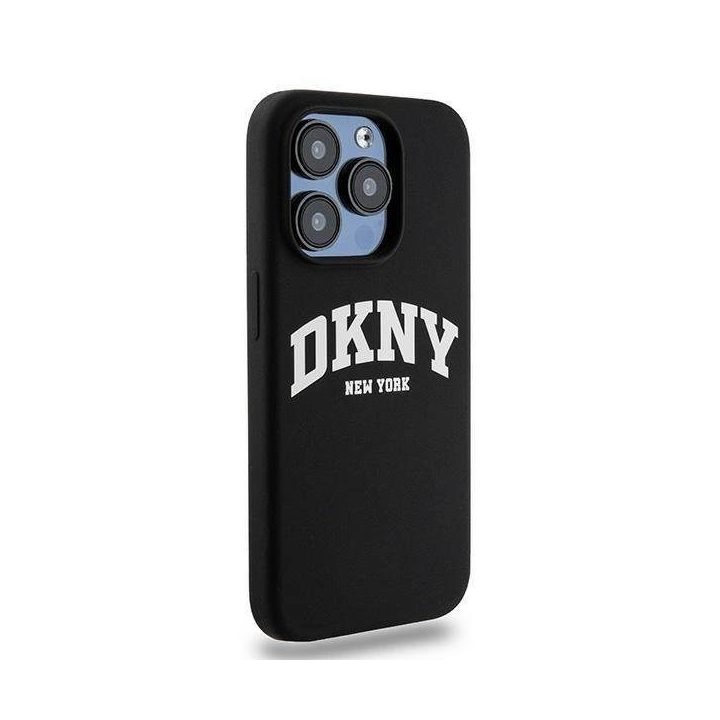 DKNY skysto silikono iPhone 14 Pro“ dėklas su MagSafe“ technologija, baltas su atspausdintu logotipu – juodas