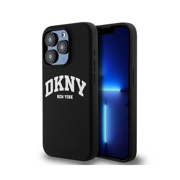 DKNY skysto silikono iPhone 14 Pro“ dėklas su MagSafe“ technologija, baltas su atspausdintu logotipu – juodas