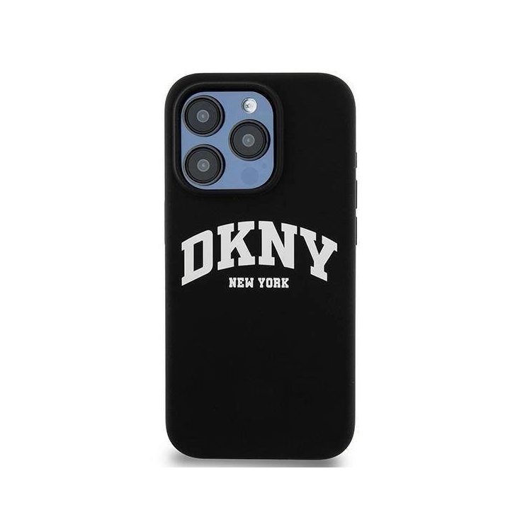 DKNY skysto silikono iPhone 14 Pro“ dėklas su MagSafe“ technologija, baltas su atspausdintu logotipu – juodas