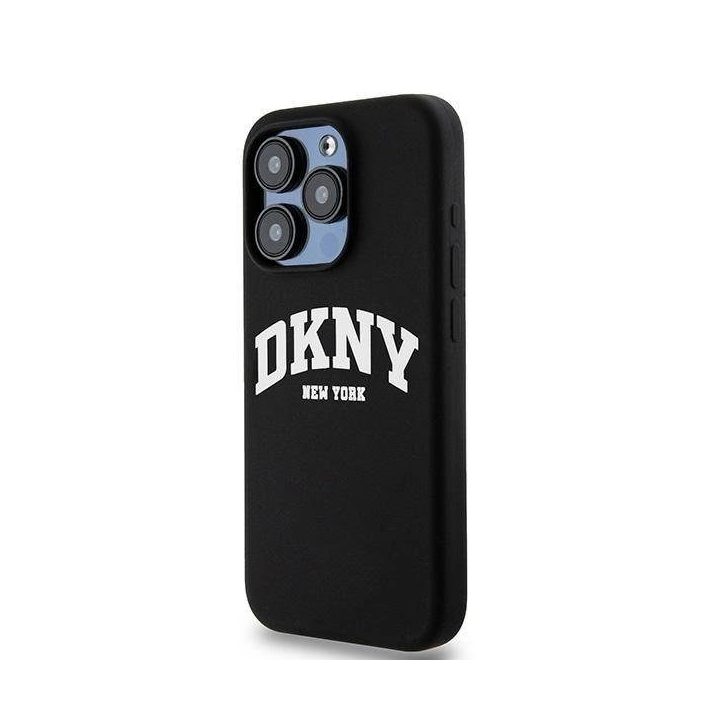 DKNY skysto silikono iPhone 14 Pro“ dėklas su MagSafe“ technologija, baltas su atspausdintu logotipu – juodas