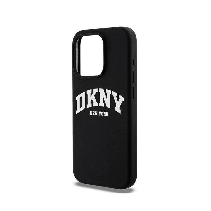 DKNY skysto silikono iPhone 14 Pro“ dėklas su MagSafe“ technologija, baltas su atspausdintu logotipu – juodas