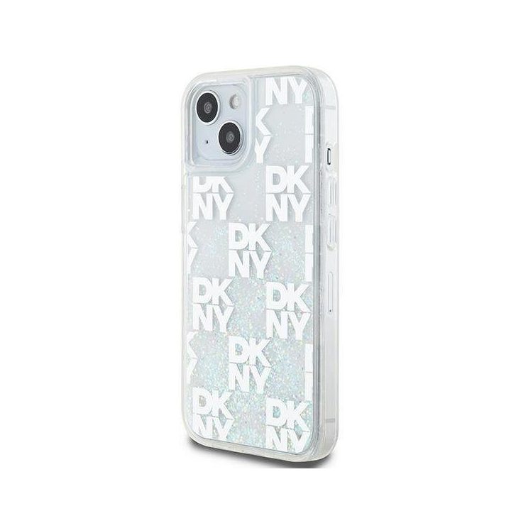 DKNY Liquid Glitter Multilogo“ dėklas iPhone 15 / 14 / 13 telefonams – balta spalva
