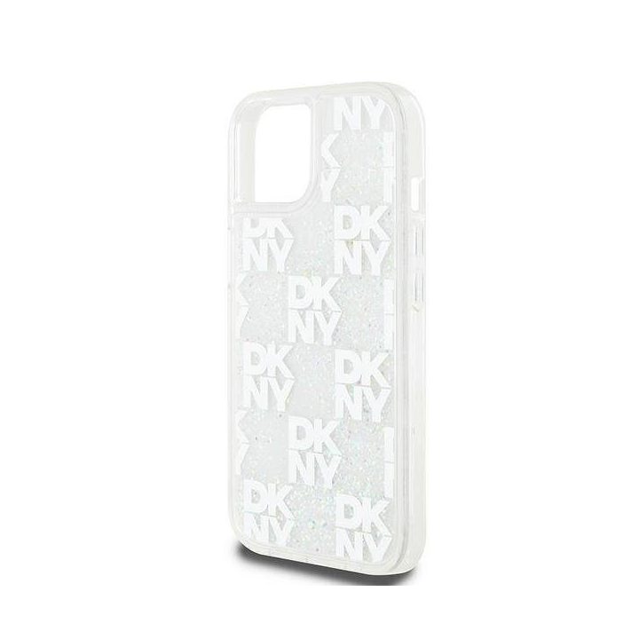 DKNY Liquid Glitter Multilogo“ dėklas iPhone 15 / 14 / 13 telefonams – balta spalva