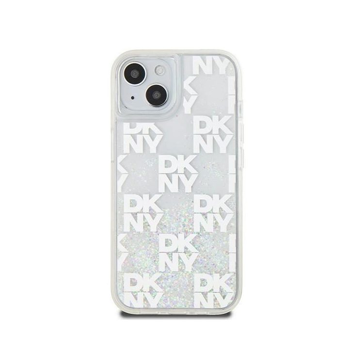 DKNY Liquid Glitter Multilogo“ dėklas iPhone 15 / 14 / 13 telefonams – balta spalva