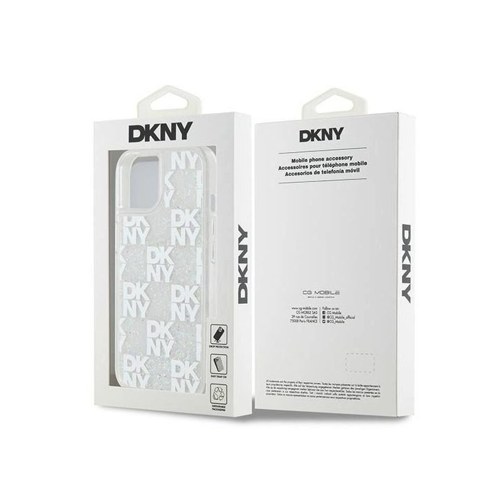 DKNY Liquid Glitter Multilogo“ dėklas iPhone 15 / 14 / 13 telefonams – balta spalva