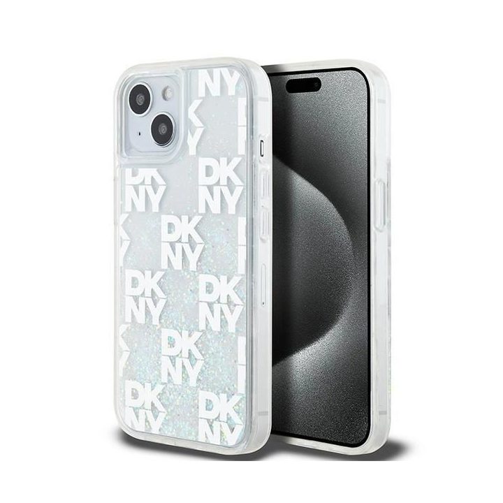 DKNY Liquid Glitter Multilogo“ dėklas iPhone 15 / 14 / 13 telefonams – balta spalva