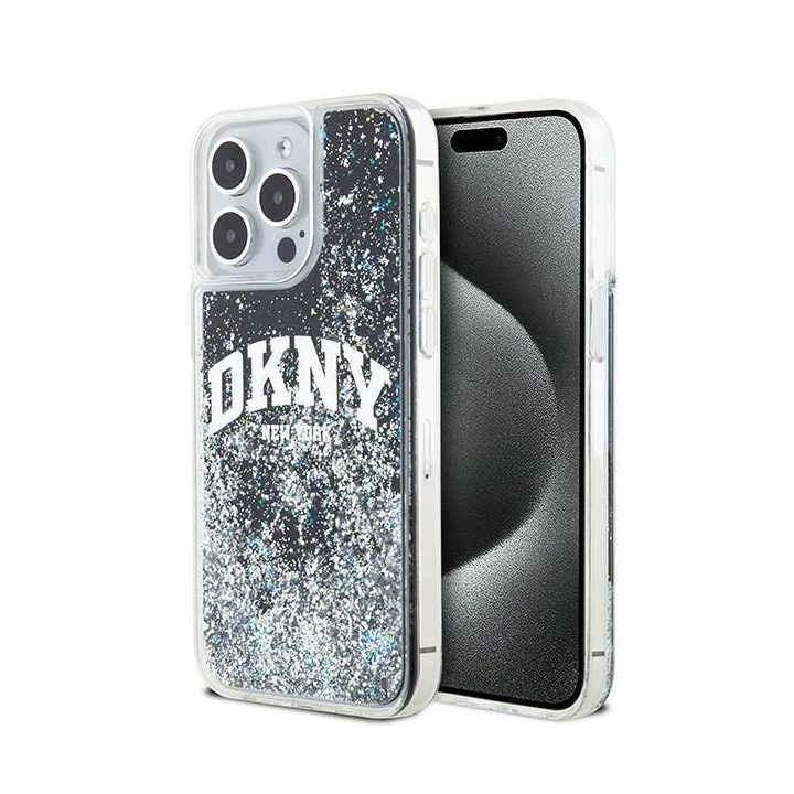 DKNY Liquid Glitter Big Logo dėklas iPhone 13 Pro Max telefonui - juodas