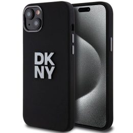 DKNY dėklas iPhone 15 Plus/14 Plus iš skysto silikono su metaliniu logotipu – juodas