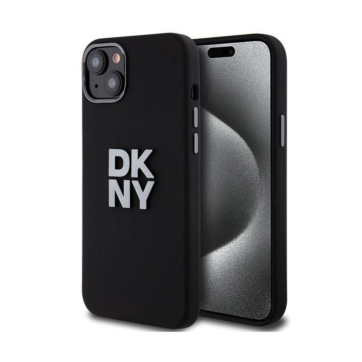 DKNY dėklas iPhone 15 Plus/14 Plus iš skysto silikono su metaliniu logotipu – juodas