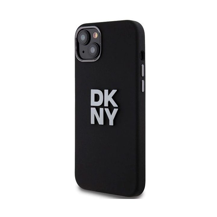 DKNY dėklas iPhone 15 Plus/14 Plus iš skysto silikono su metaliniu logotipu – juodas