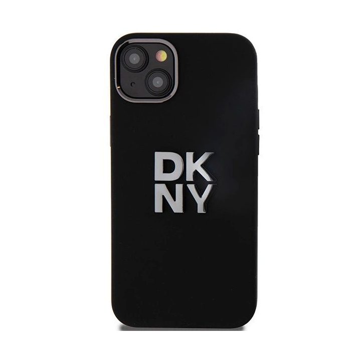 DKNY dėklas iPhone 15 Plus/14 Plus iš skysto silikono su metaliniu logotipu – juodas