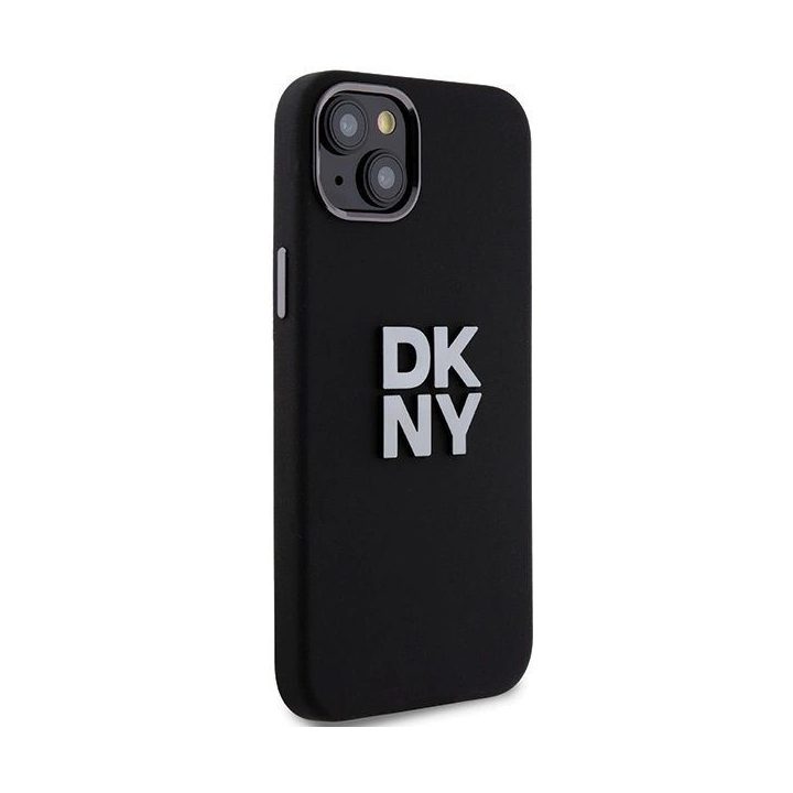 DKNY dėklas iPhone 15 Plus/14 Plus iš skysto silikono su metaliniu logotipu – juodas